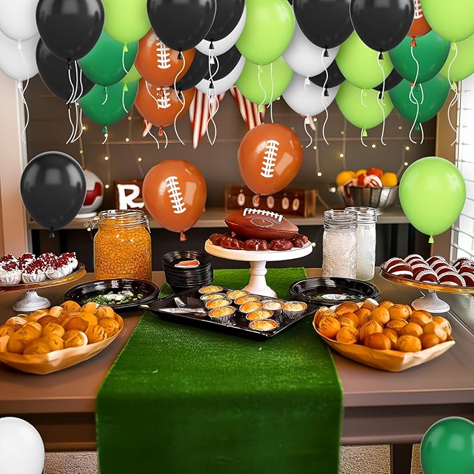 Football Balloons, 12 Inch Football Party Balloons, Dark Green and Black Balloons White and Brown Football Printed Latex Balloons for Boys Birthday Touch Down Rugby Sport Theme Party Decor