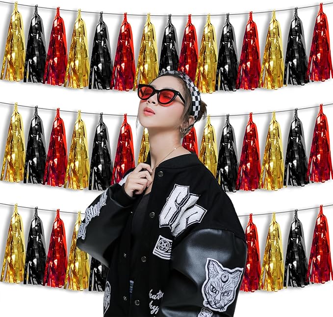 3P Metallic Fringe Banner Garland Foil Tinsel Streamer Wall Hanging Curtain Backdrop Banners for Parade Floats Graduation Decorations, Baby Bridal Shower Party Decoration(Red-Black Gold)