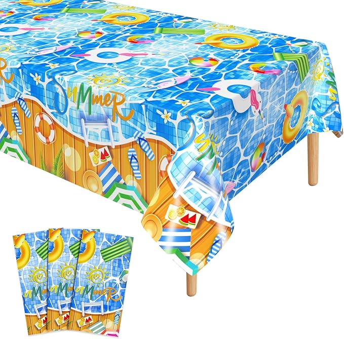 3 Pieces Pool Party Plastic Tablecloths, 54 * 108 Inch Summer Beach Table Covers, Hawaiian Beach Theme Table Cloth for Pool Party Decorations