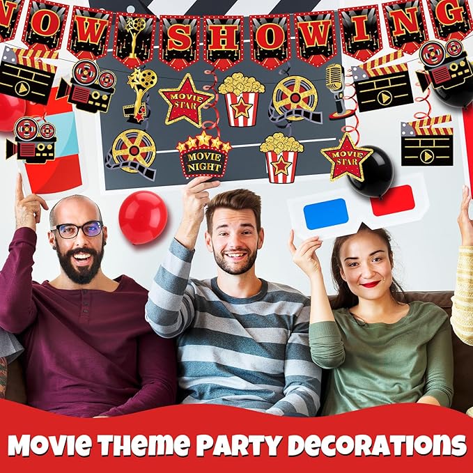 Movie Night Decorations Kit Now Showing Banner Hanging Swirls Popcorn Camera Clapboard Balloons for Movie Themed Birthday Party Supplies Film Backdrop