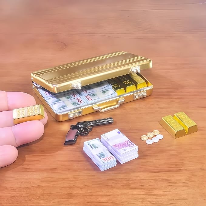 1:6 Scale Miniature Briefcase Set - Includes Fake Gold Bars, Bundles of $100 Mini Dollar Bills, Vintage Coins and Mini Weapons - Unique Adult NoveltyToy & Dollhouse Accessories (Golden)