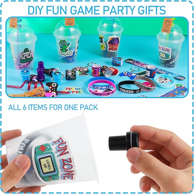 LiYiQ 292 Pcs Video Game Party Favors With Reusable Drinking Straws Cups Slap Bracelets Keychains Gift Tags Stamps Stickers and Twist Ties for Gamer Birthday Party Supplies (Blue and Black Game)