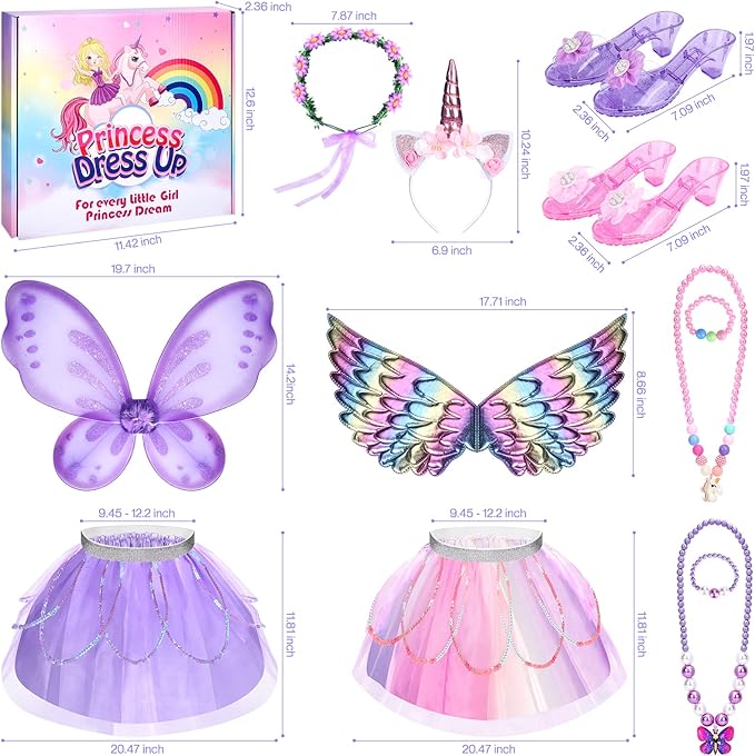 Princess Dress Up for Girls 3-6, Toddler Dress Up Clothes, Unicorn & Flower Hairbands, Princess Shoes Toy, Tutu, Wings, Jewelry, Pretend Play Toddler Girl Toys for Halloween Christmas Birthday Gifts