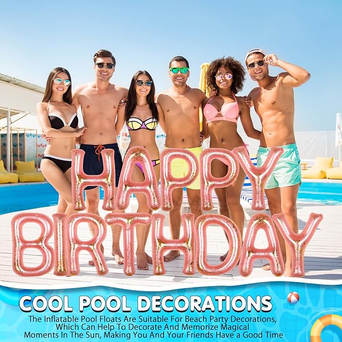 Shappy 20'' Happy Birthday Pool Large Floating Letter Balloons with Adhesive Dots Inflatable Pool Decorations for Summer Birthday Party