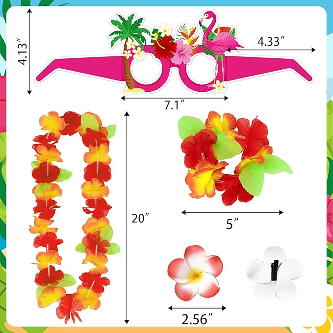 80PCS Hawaiian Luau Leis Party Photo Booth Props Decorations Supplies Set for Adults: Tropical Tiki Flowers Necklaces + Paper Glasses + Bracelets + Hair Clips Bulk Summer Pool Birthday Decor Favors