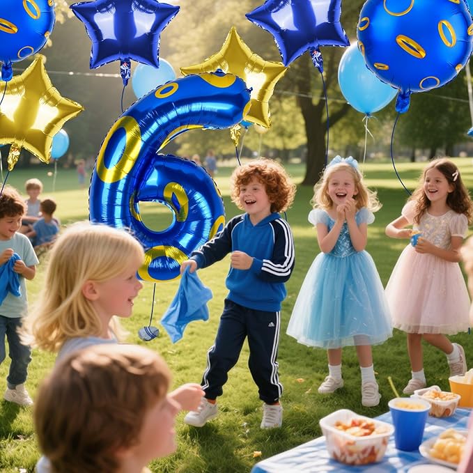 40 Inch Blue and Golden Ring Themed Number Balloon, Number Block Foil Number 6 Balloons Large Big Numbers Helium Balloon for Girls Boys 6th Birthday Theme Party Decorations (Number 6)