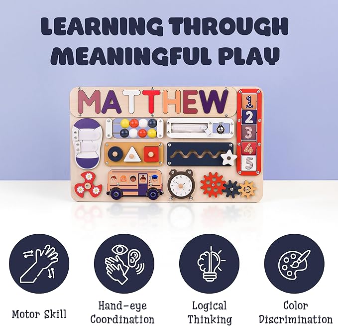Montessori Wooden Busy Board Toy for 1 2 3 Year Old Kids, Personalized Toy, Sensory Board Educational Activities, Early Learning Fidget Toy Great for Gift