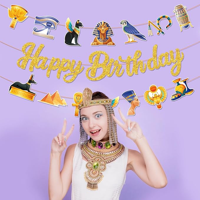 CC HOME 3Pcs Ancient Egyptian Happy Birthday Banner Pharaoh Party Hanging Banner Mythology Theme Birthday Bridal Wedding Baby Shower Boys Girls Kids Home Classroom Party Supplies Decoration