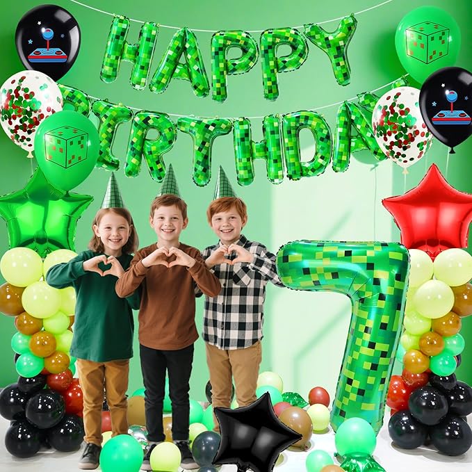 40in Pixel Number 7 Balloon Birthday Decorations, Miner Theme Foil Balloons banner Blast Gaming Party Supplies