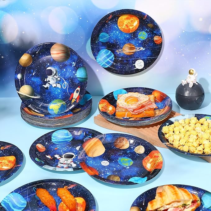 60 Pcs Space Theme Party Decorations 9 Inch Astronaut Outer Space Paper Plates Solar System Birthday Party Supplies for Kids Galaxy Planet Rocket Ship Theme Decoration