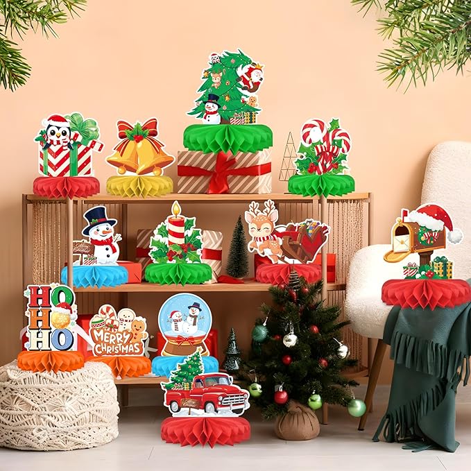 Christmas Party Decorations: Festive Christmas Honeycomb Centerpieces, Santa & Snowman Table Toppers - for Classroom, Winter Birthdays & Holiday Party Supplies