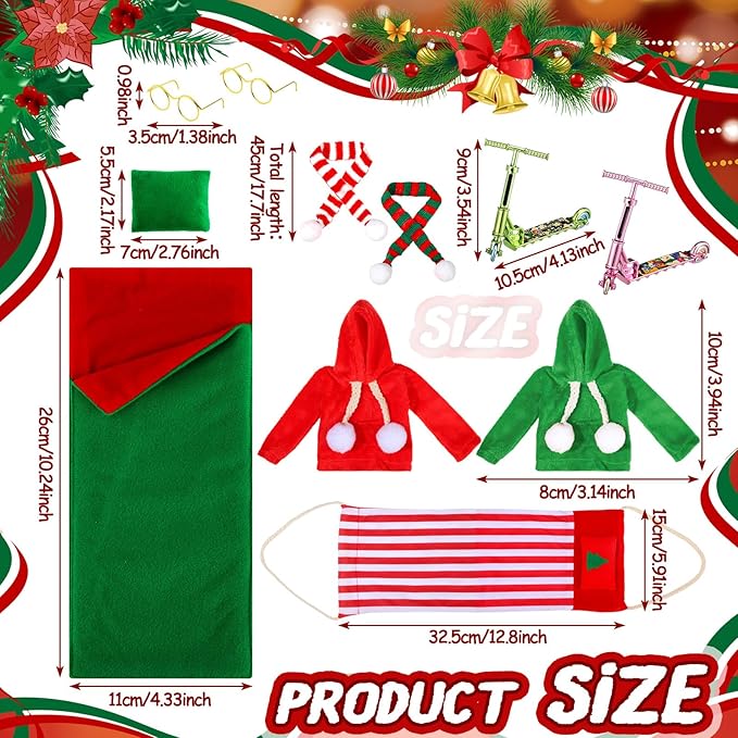 Kacctyen 11 Pcs Christmas Accessories Christmas Doll Clothes Sets Include Scooter Sleeping Bag Hoodie Scarf Glasses Pillow Shoes Scarf for Doll Decor