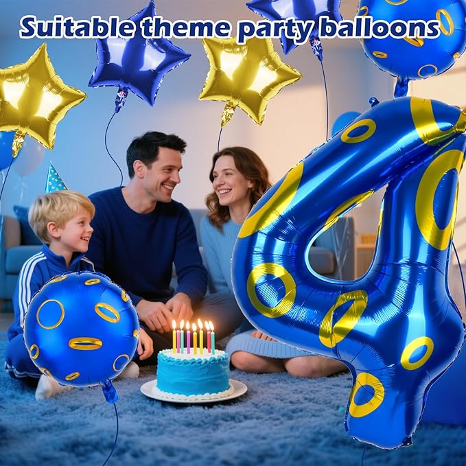 40 Inch Blue and Golden Ring Themed Number Balloon, Number Block Foil Number 4 Balloons Large Big Numbers Helium Balloon for Girls Boys 4th Birthday Theme Party Decorations (Number 4)