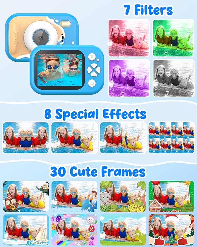 Waterproof Kids Camera, Underwater Camera for Kids 1080P Digital Video Camcorder with 2.4” Display, 32GB TF Card, Emergency LED Flash, Diving Swimming Beach Pool Toys for 3-12 Years Old Boys, Blue