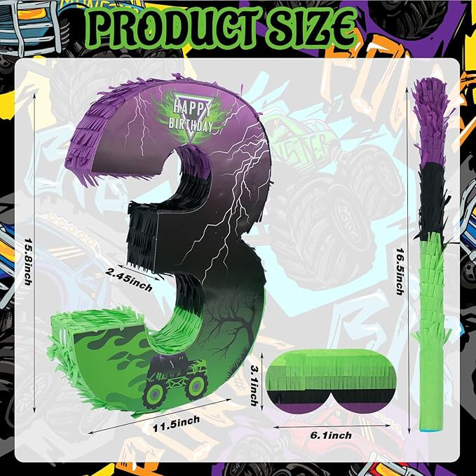 Number 3 Monster Truck Car Piñata Green and Purple Pinata for Birthday Party Decorations Number 3 with Blindfold Stick Small Monster Truck Theme 3rd Party Supplies 15.8 x 11.5 x 2.45 Inch