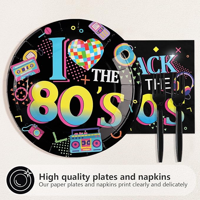 96Pcs 80s Party Decorations Back to The 80's Theme Plates and Napkins Tableware Sets Retro Colorful Hip Hop Decorations for Birthday Wedding Anniversary 1980's Party Supplies Serves 24