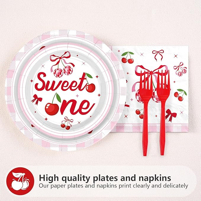 Grencian 96 Pcs Cherry Birthday Party Decorations Plates Set Cherry 1st Birthday Party Plates Fruit Themed Paper Tableware Set for One Year Old Baby Shower Fruit Themed Party Supplies