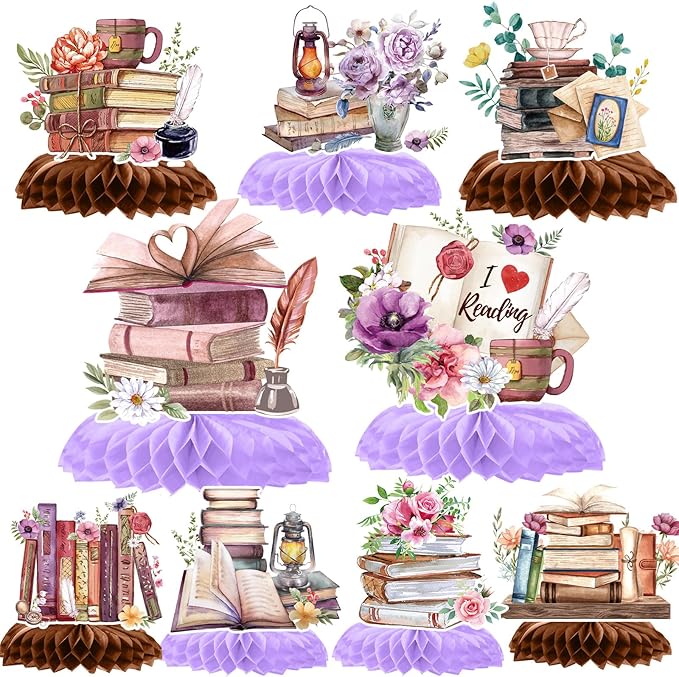 Book Themed Party Decorations - 9PCS Book Party Decorations Vintage Book Club Honeycomb Centerpieces Table Decor Reading Library Birthday Baby Shower Supplies for Book Lovers Bookworm