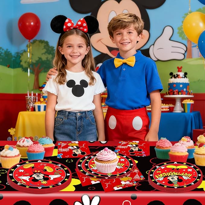 Mickey Party Supplies 41Pack include 20 plates, 20 napkins 1 tablecloth for birthday party Decoration (red2)