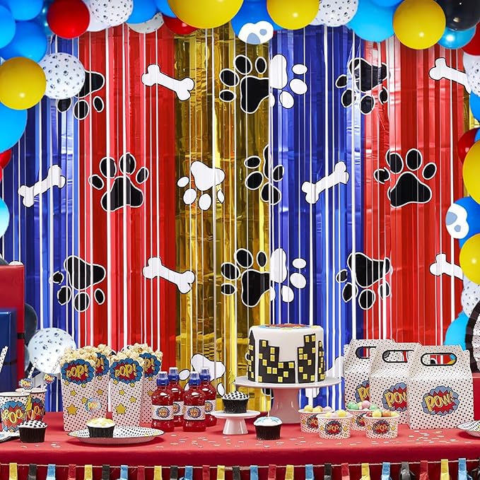 Playful Paw Party Decor Kit with 15 Balloons - 2 Pack 3.3x6.6ft Tinsel Fringe Curtains Backdrop, Paw Photo Booth Props, Animal Birthday Party Supplies for Kids & Boys Room Decor