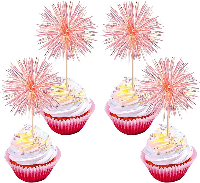 30 PCS Foil Firework Cupcake Toppers Happy Birthday Cupcake Toppers Sparkle Tinsel Flower Drink Stirrers Cocktail Fruit Toothpicks for Valentine's Day Baby Shower Party Cake Decor Supplies Orange