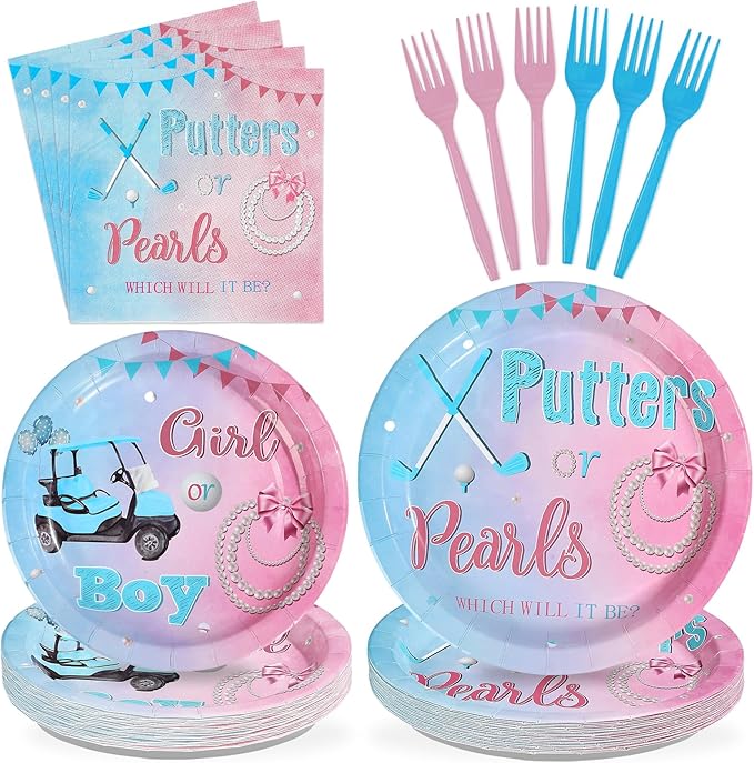 96Pcs Golf Gender Reveal Decorations Putters Or Pearls Plates and Napkins Tableware Sets Blue or Pink Decorations for Golf Theme He or She Gender Reveal Baby Shower Birthday Party Supplies Serves 24