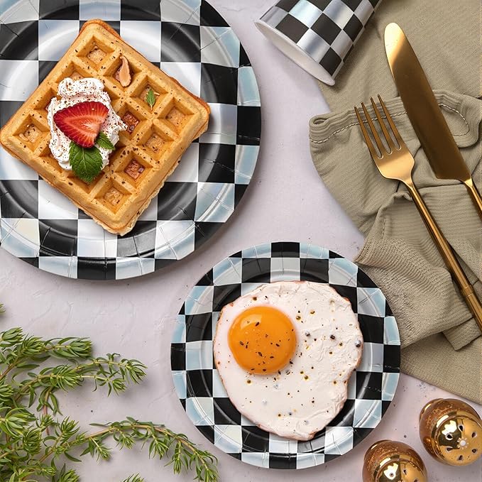 96Pcs Iridescent Checkerboard Plates Party Supplies Black and White Kpop Paper Plates and Napkins and Cups for 24 Guests Picnic Tea Wedding Kids Birthday Party Decorations