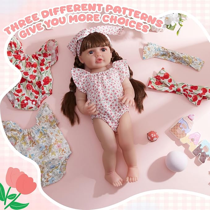 3 Set Reborn Baby Doll Clothes for 17-22 Inch Colorful Baby Doll Clothes Dress Accessories with Headband Bulk for Girl Dress Up(Floral)