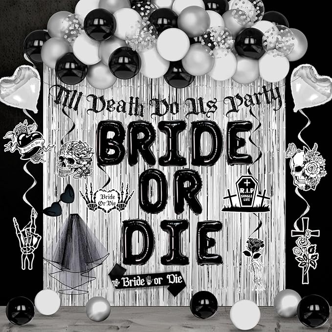 Bride or Die Bachelorette Party Decorations, 67pcs Till Death Do Us Party Banner Balloons Swirl Fringe Curtains Shoulder Strap Veil, Til Death Do Us Party Bachelorette Party Supplies