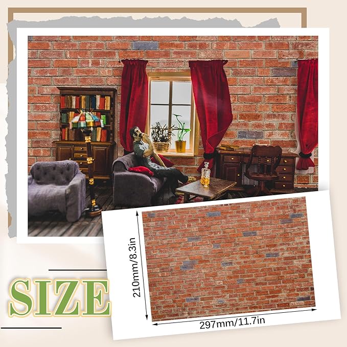 Flutesan 24 Pcs Miniature Dollhouse Wallpaper and Flooring Peel and Stick Mini DIY Self Adhesive Dollhouse Accessories 8.27 x 11.69 Inch (Red Clinker)