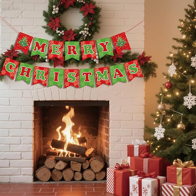 OHOME Christmas Party Decorations - Merry Christmas Banner | CHRISTMAS Decorations for Indoor Outdoor - Xmas Backdrop Garland for Outside | Hanging Party Favors Supplies for Birthday