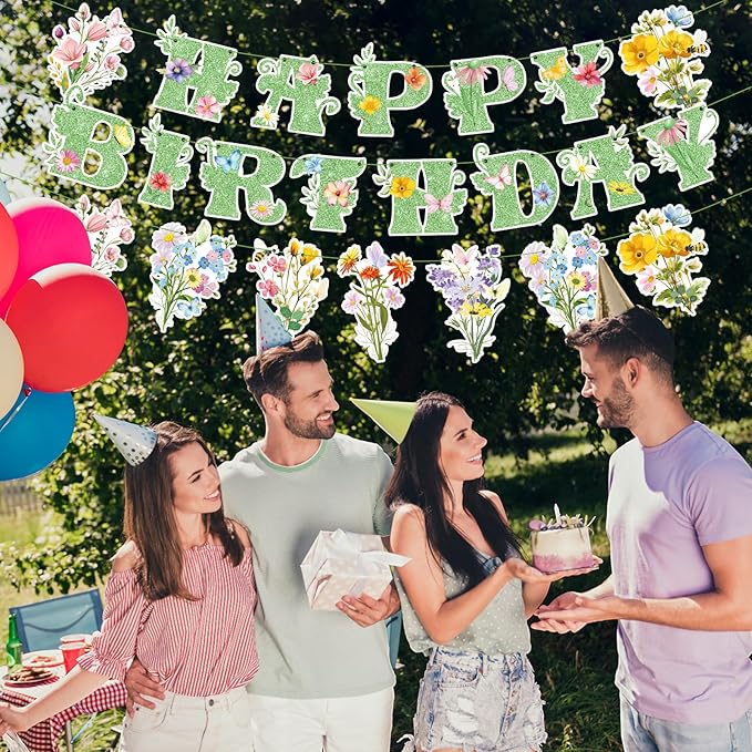 3 Pcs Wildflower Birthday Party Decorations Green Glitter Happy Birthday Banner Colorful Hanging Decor Funny Banner Cutout Garland for Themed Decoration Bridal Shower Garden Party Supplies