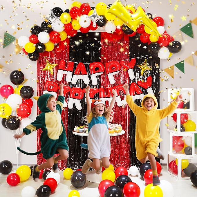 YIIHMEI Cartoon Monster Red Black Yellow White Birthday Party Decorations, Balloons Garland Arch Kit Supplies, Curtains Backdrop with Anime Theme Style Banner Letters Signs for Boy's