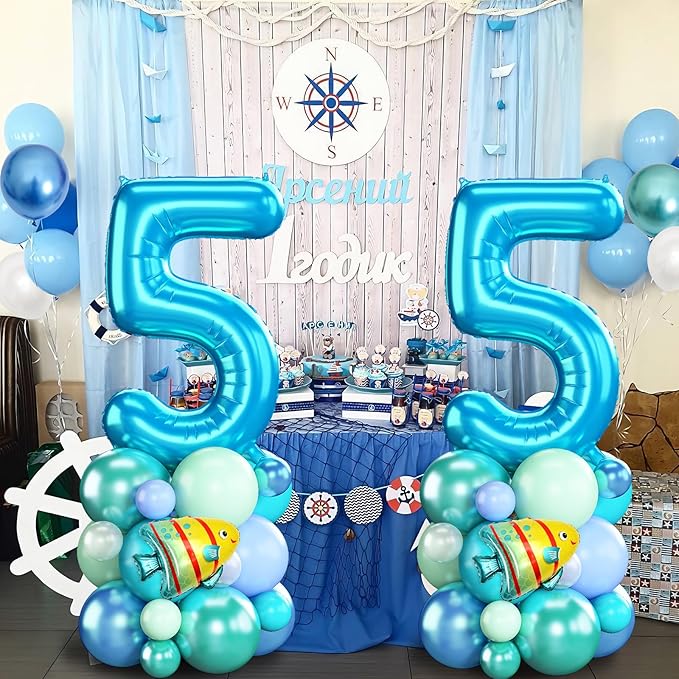 40 Inch Number 5 Balloon Blue Ocean Under the Sea Number Five Foil Balloons Tower with Shark Bubble Fish for Boys 5th Birthday Party Decor Blue Green Underwater Digital Aluminum Balloons Stack