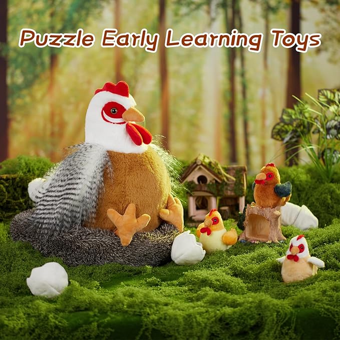 8Pcs Easter Chicken Stuffed Animal, Stuffed White Hen with Little Baby Chicks and Coop, Plush Toys for Kids, Hit of Christmas Farm Party