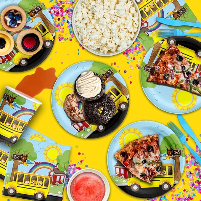 School Bus Birthday Party Supplies Set Plates Napkins Cups Tableware Kit for 16
