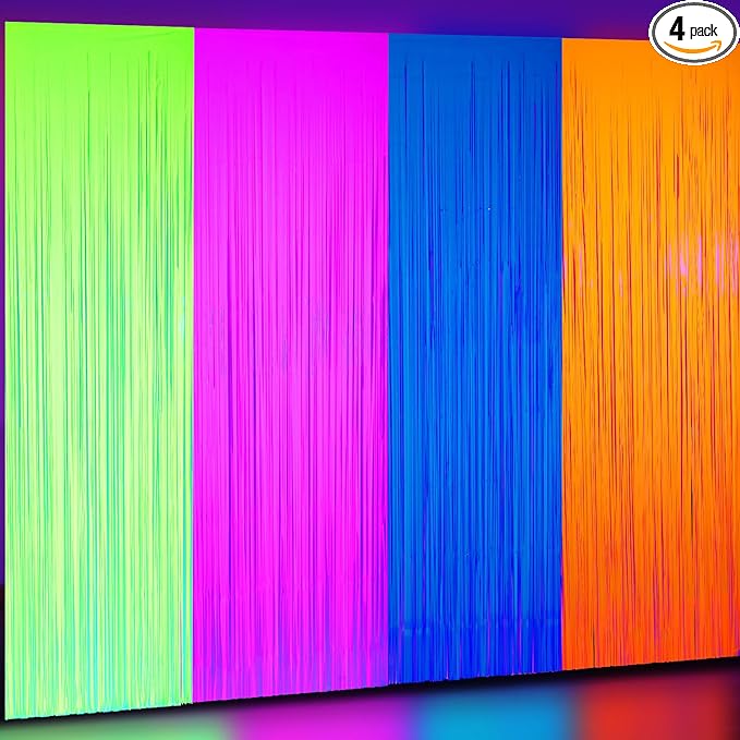 Weysat Glow in The Dark Party Supplies 4 Pack 3.3x6.6ft Neon Party Decoration Neon Tinsel Foil Fringe Curtain 2026 Vbs Photo Booth Backdrop Streamer for Birthday Decor(Blue, Purple, Yellow, Orange)