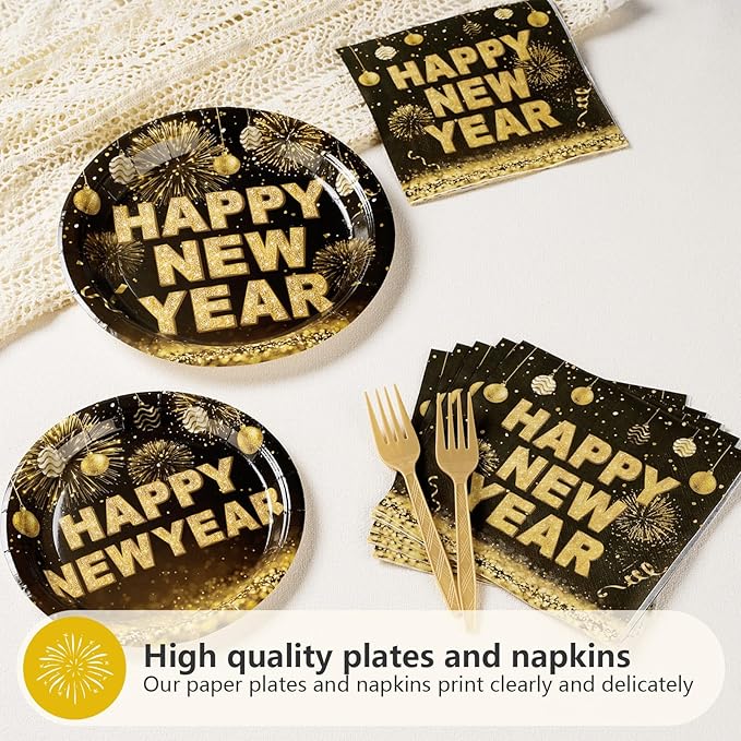 Grencian 96 PCS New Years Eve Party Supplies 350 GSM Black and Gold Happy New Year Tableware Set 2025 Disposable New Years Eve Paper Plates and Napkins for 2025 New Year Party Decorations Serves 24