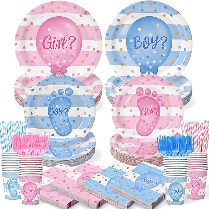 300Pcs Gender Reveal Plates and Cups and Napkins Sets with Forks and Straws, Party Supplies, Pink and Blue Plates, He or She Baby Gender Reveal Decorations, Boy or Girl (Serves 50)