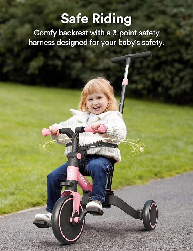 besrey 4 in 1 Toddler Bike, Toddler Tricycle for 1-3 Year Old, Trike with Push Handle, Backrest and Safety Belt, Birthday Gifts and Toys for Boys and Girls, Balance Bike