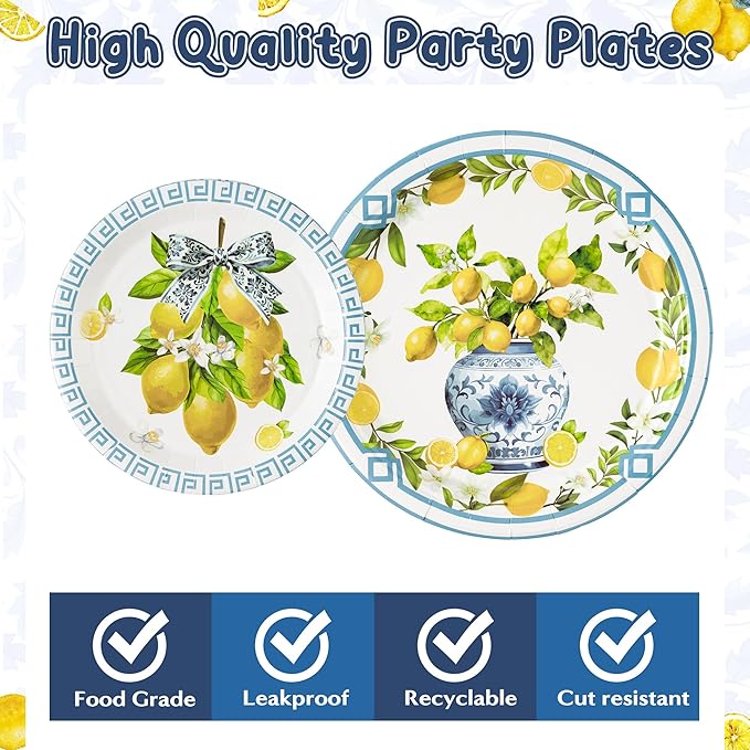 96Pcs Chinoiserie Vase Lemon Party Plates Supplies Capri Lemon Blue White Vase Tableware Decorations Disposable Paper Plates Napkins Forks for Birthday Summer Party Wedding, Serves 24