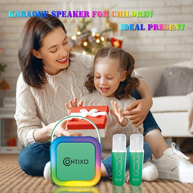 Contixo KS1 Mini Karaoke Machine for Kids, Portable Bluetooth Speaker with 2 Wireless Microphones & Dynamic Lights for Boys & Girls, Home Party Entertainment Toy (Green)