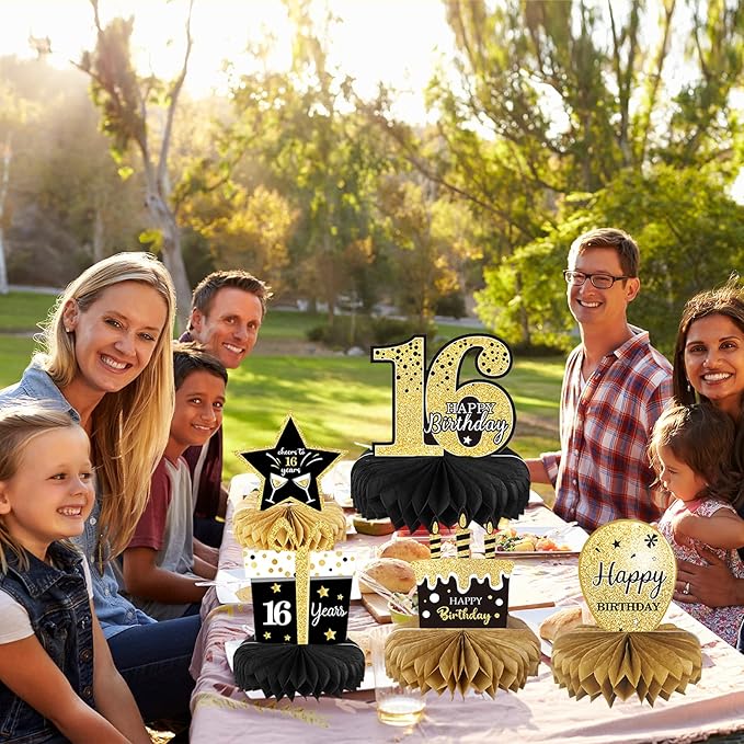 9 Pieces 16th Birthday Decoration for Boys Black Gold 16th Birthday Tables Decor Honeycomb Centerpieces Cheers to 16 Years Table Topper for Boys Girls Sixteen Years Birthday Party Supplies (16th)
