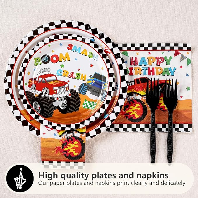 96 Pcs Monster Theme Truck 4th Birthday Party Supplies Monster Theme Truck Plates and Napkins Checkered Tableware Set Monster Birthday Decorations for 4th Kids Boys Monster Theme Truck Party Serves 24