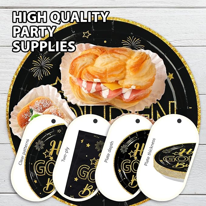 96Pcs Golden Birthday Party Decorations Happy Golden Birthday Paper Plates and Napkins Sets Black and Gold Birthday Decorations for Men Women Bday Party Supplies Serves 24