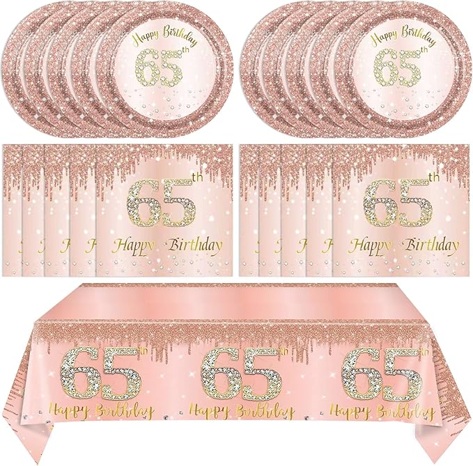 65th Birthday Decorations for Women,Rose Gold 65th Birthday Plates and Napkins,Tablecloth,65 Year Old Tableware Party Supplies Disposable Dinnerware Table Decor Favors for Women 1961 Party Supplies