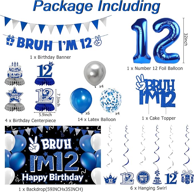 DARUNAXY 12th Birthday Party Decorations for Boys Girls, Blue Bruh I’m 12 Banner, 12 Number Balloons & Cake Topper, Sweet 12 Years Old Birthday Honeycomb Hanging Swirls Party Supplies