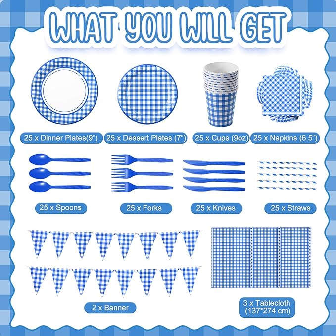 205 Pcs Party Supplies for 25 Guest Checkered Plaid Tablecloth Pennant Banner Plate Cup Napkin Cutlery and Straw for Birthday Party Family Dinner Picnic BBQ Birthday Party Decoration (Blue and White)