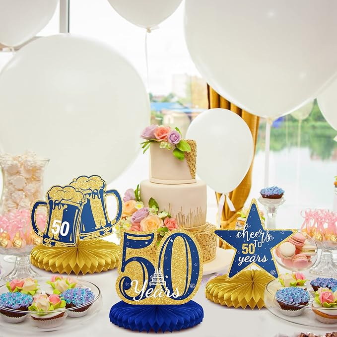 Spakon 8 Pieces Blue Gold 50th Birthday Table Decorations 50th Birthday Honeycomb Centerpieces Glitter Table Toppers Blue and Gold Party Decorations for Men and Women Party Supplies