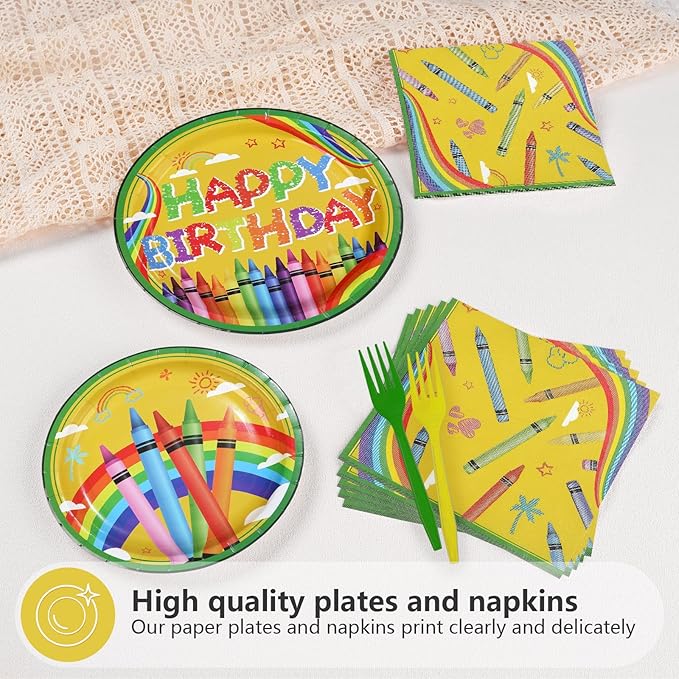 96Pcs Crayon Birthday Party Supplies Colorful Crayon Plates and Napkins Classroom Back to School Tableware Set for Kids Boys Girls First Day of School Birthday Party Decorations Serves 24
